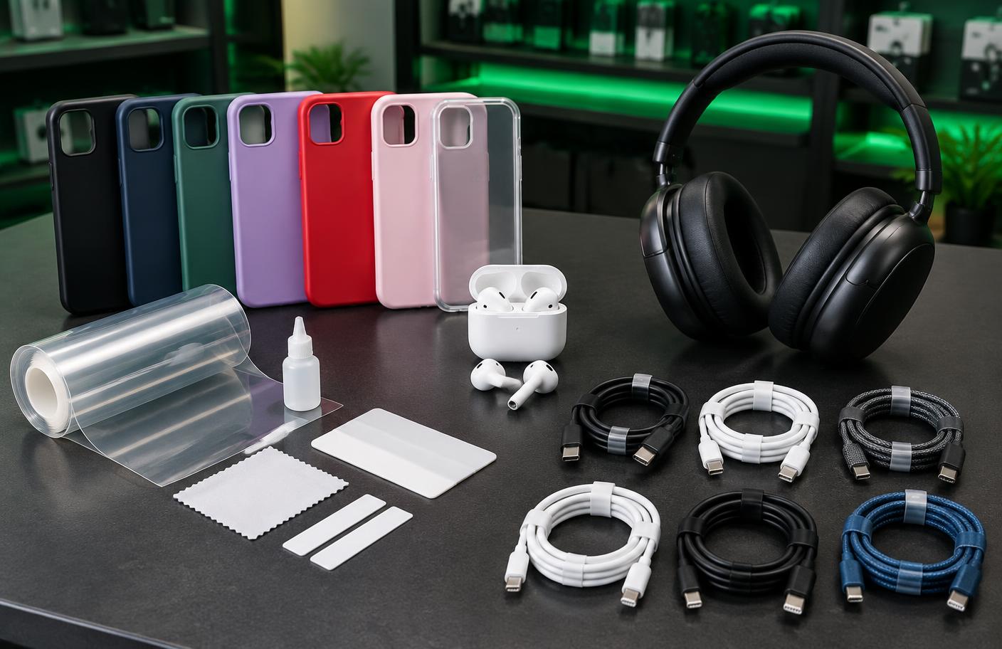 Capinhas, película hidrogel, fones e cabos